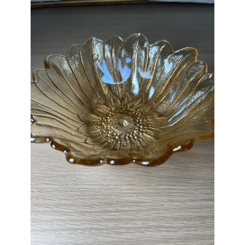 Vintage Amber Iridescent Sunflower, 7" Carnival Glass Bowl, Indiana Glass